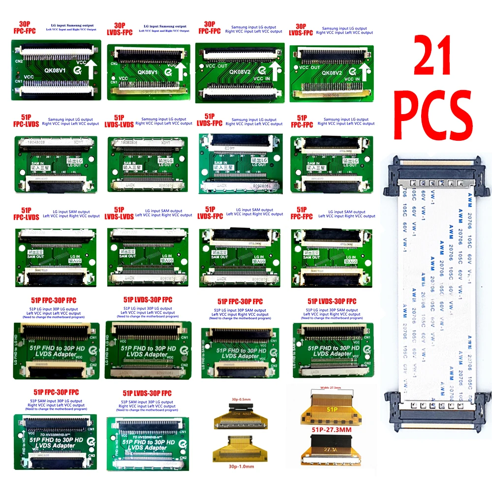 

21PCS/ FHD LVDS 2K 51pin/30pin SAM Turn LG Cable Connector Cable Adapter Board Left and Right Replacement For LED TV Repair