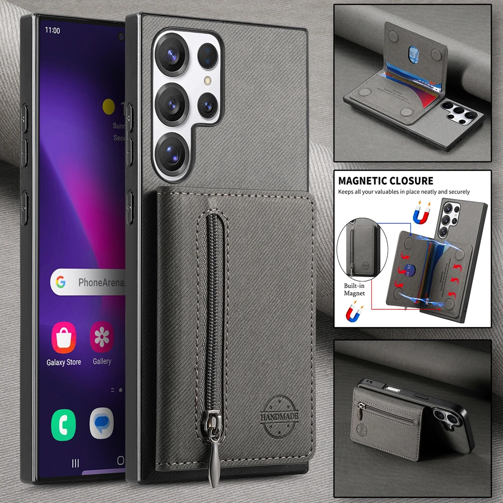 Zippered Leather Wallet Phone Case with Card Holder and Stand