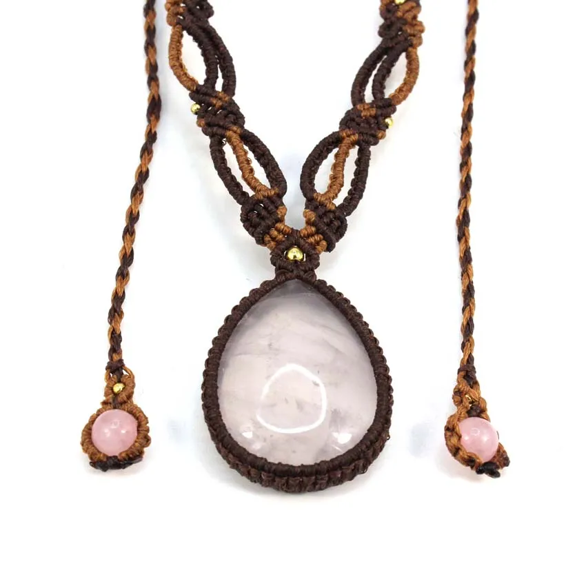 Rose Crystal Braided Stone Pendant Natural Pink Quartz Water Drop Handmade Thread Rope Wrapped Macrame Adjustable Chain Necklace 4