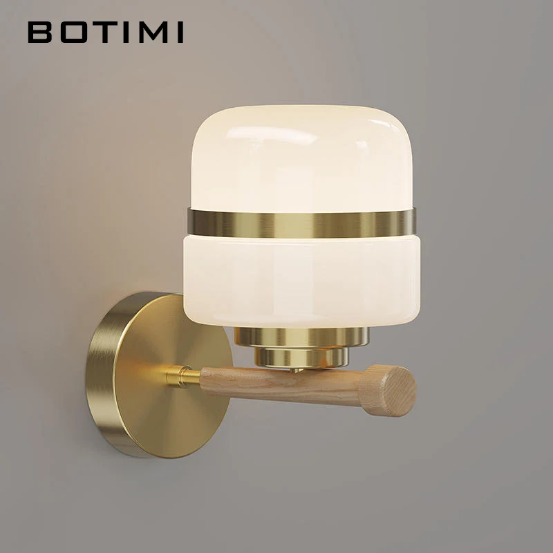 BOTIMI Glass Lampshade TV background Wall Lamp Modern Wooden Bedroom Wall Sconce Hotel Metal in copper color Base Wall Lights