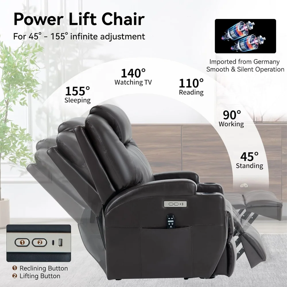 Recliner Lift Chair with Massage and Heating Function,Power Lift Recliner Chair with USB and Type-C Ports PU Leather Brown
