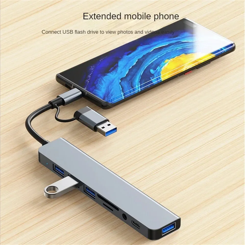 USB C 허브 USB 허브 3.0, 알루미늄 8 in 2 USB 분배기, SD/TF 카드 리더, 3.5mm Aux 포트, 맥북 프로 에어 PC 노트북 태블릿 장치