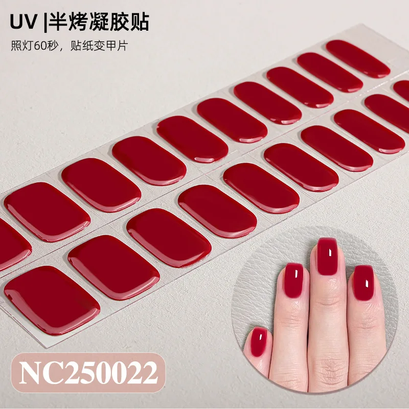 20Tips French Semi Cured Gel Nail Strips Patch Slider Solid Color Nail Gel UV Stickers Long Lasting Full Manicure Decoration DIY