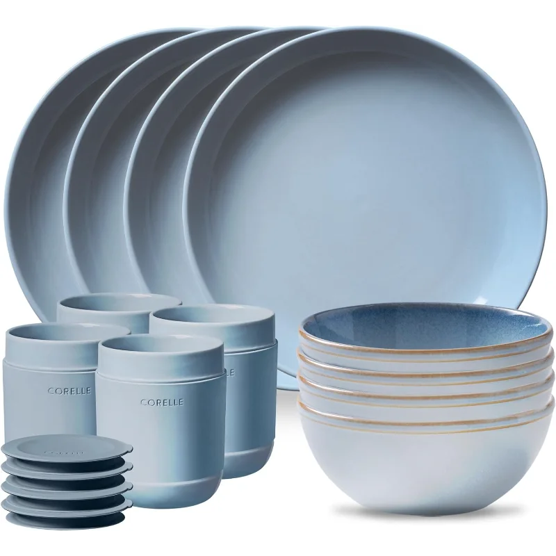 

Corelle Stoneware 16-Pc Dinnerware Set, Handcrafted Artisanal Double Bead Plates, Meal Bowls, Bowls and Tumblers, Solid