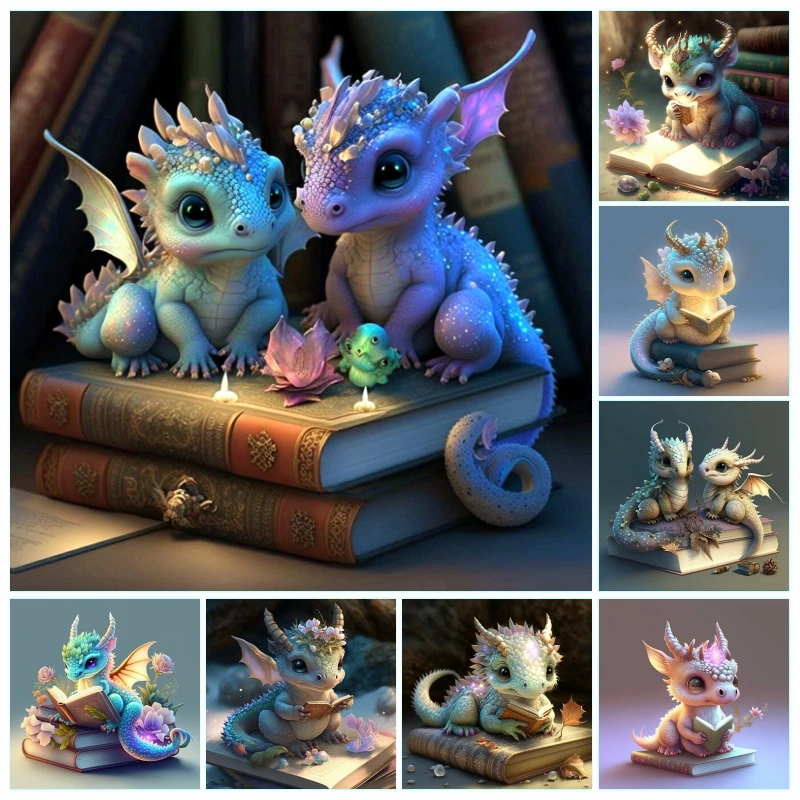 5d Cute Little Dragon Reading Books AB Drills Diamond Painting Art Fantasy  Animals With Flower Mosaic Cross Stitch Wall Decor