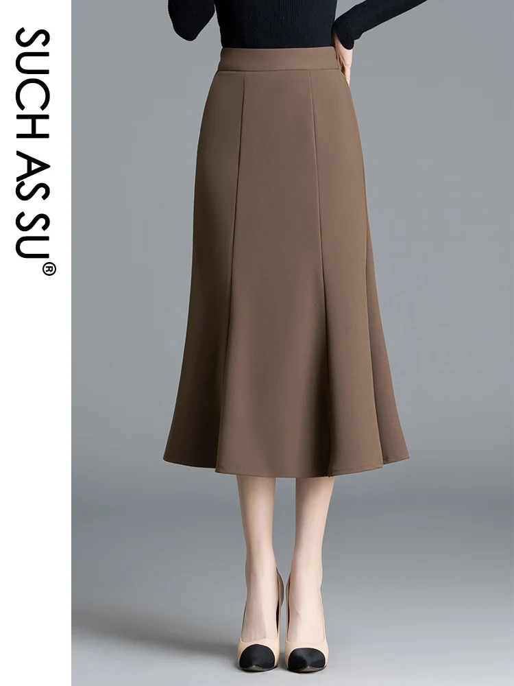 SUCH AS SU Quality Women'S Black Coffee Elastic High Waist Ladies Mermaid Mid-Calf Skirts S-3XL Size Mid-Long Sexy Ruffle Skirt