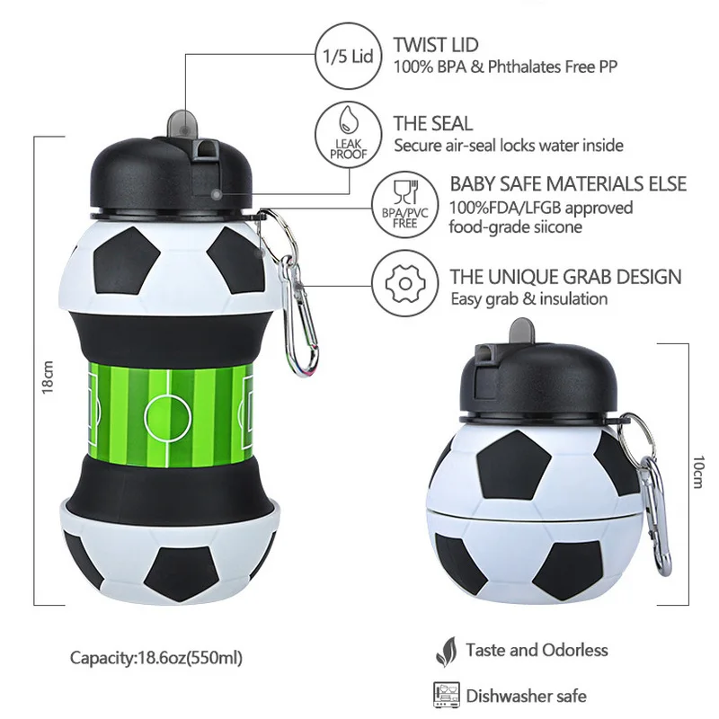 

550 ML Portable Healthy Material Folding Football Water Bottle Eco-Friendly Camp Outdoor Sport School for Adult Kid Water Cup