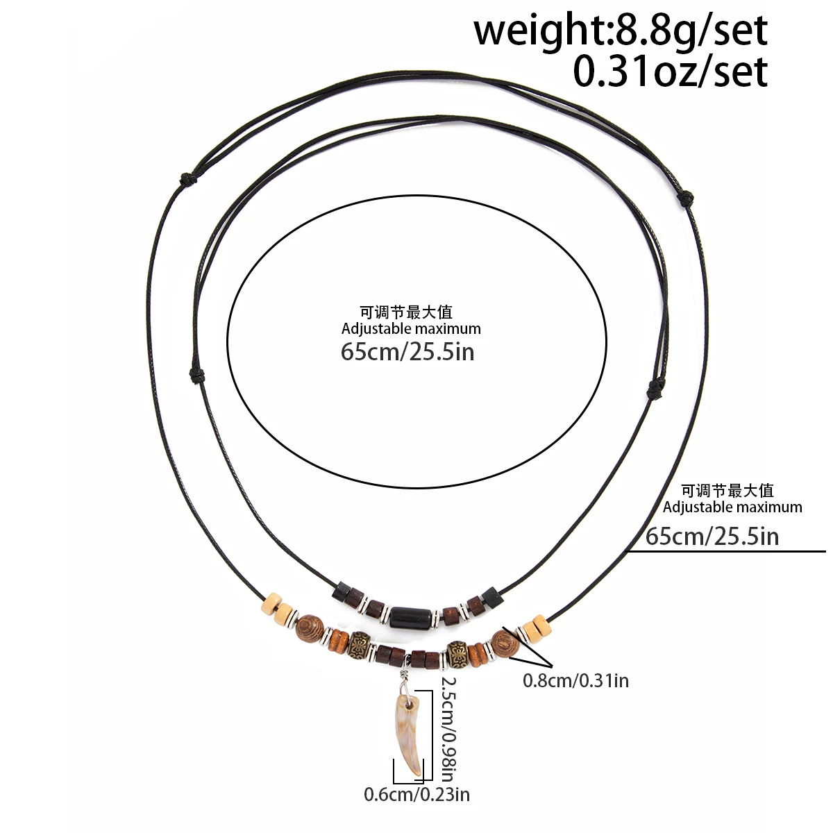 SHIXIN 2Pcs/Set Vintage Wolf Tooth Pendant Necklace for Men Simple Wood Beads Choker Adjustable Leather Rope Chain Neck Jewelry