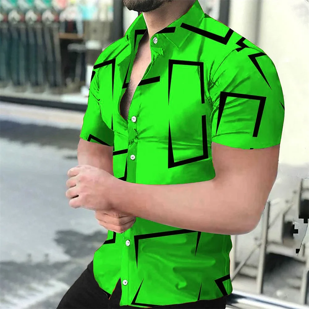 Men's Geometric Lines Solid Color Printed Shirt Short Sleeve Button Comfortable Men's Shirt Hawaii Business Leisure Vacation Top 6