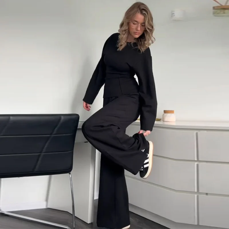 Casual Women's 2-piece Solid Pants Sets Long Sleeve O-neck Sweatshirts Wide Leg Pleated Trousers Autumn Lady Lazy Tracksuit