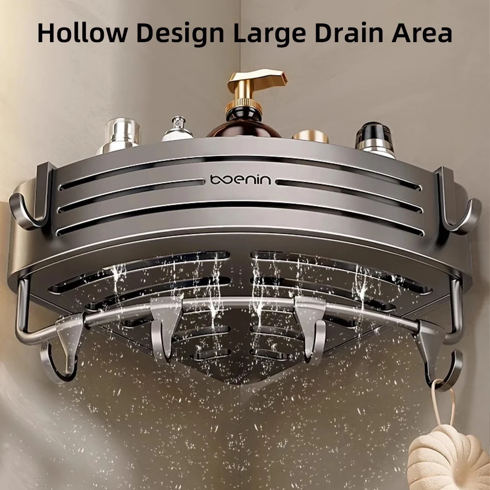 Bathroom Shower Corner Shelf with Towel Bar Hook Space Aluminum Shelf Without Drilling Shampoo Holder Bathroom Accessories 6