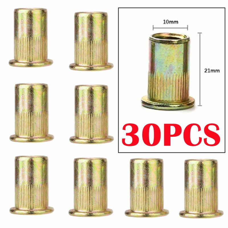 

30PCS M10*21mm Carbon Steel Rivet Nut Zinc Plated Flat Head Threaded Blind Rivet Nut Bag-packed