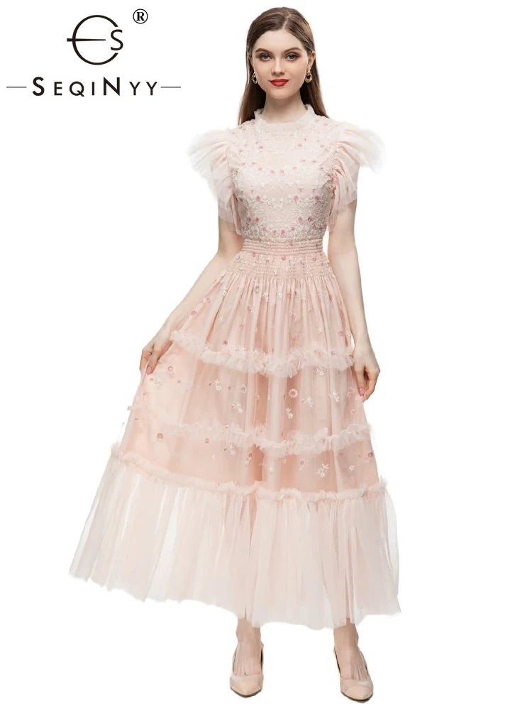 

Женское платье с цветочной вышивкой SEQINYY, розовое Сетчатое платье с оборками в стиле High Street, лето-весна