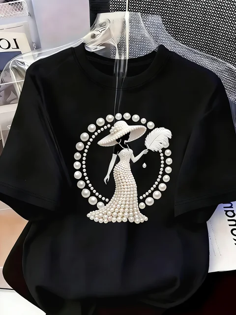 Women's Printed T-Shirt Pearl Diamond Jewelry Women's Design Casual Round Neck Short-sleeved Top Urban Style Printed T-Shirt 6
