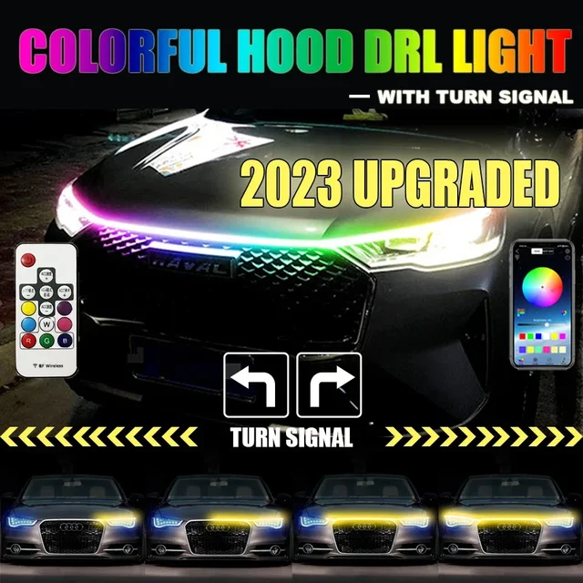 2023 Newest LED Car Hood Light Daytime Running Lights Auto Remote App RGB Flowing Turn Signal Guide Thin Strip Lamp Styling 12V