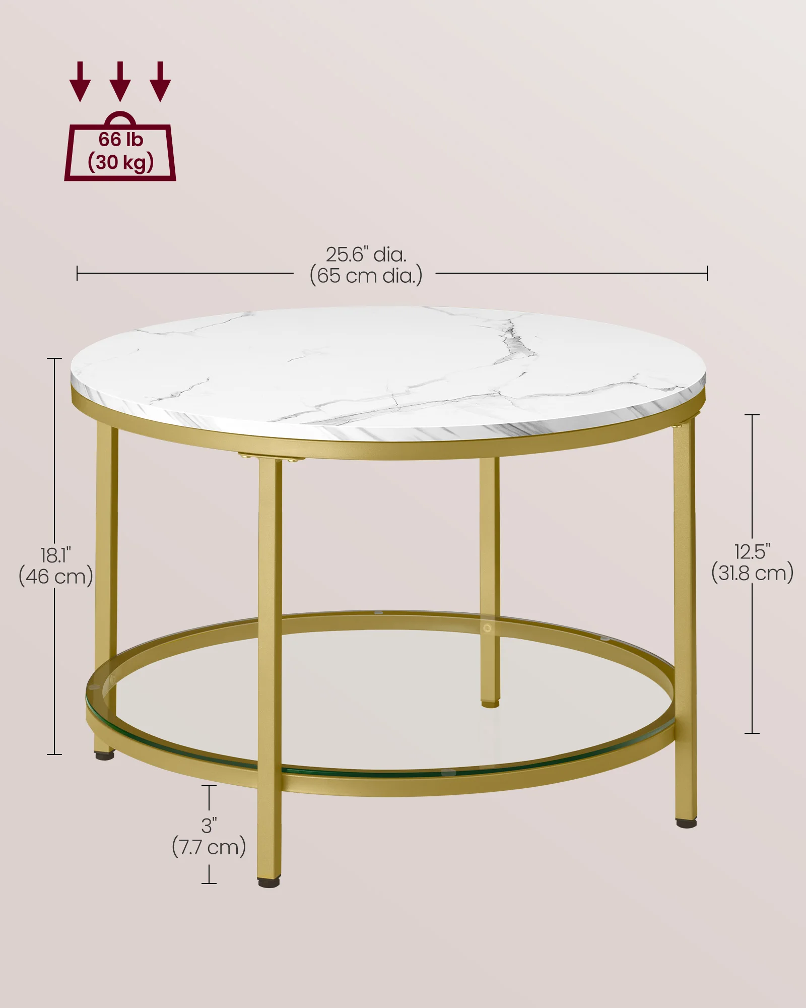 VASAGLE Round Coffee Table, Small Coffee Table with Faux Marble Top and Glass Storage Shelf, 2-Tier Circle Coffee Table 6