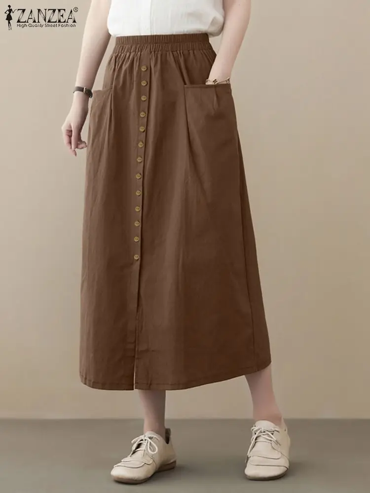 

Autumn Women Maxi Skirts Vintage Solid Loose Sundress ZANZEA Female Work Vestidos Elastic Waist Skirt Faldas Saia Causal Jupe