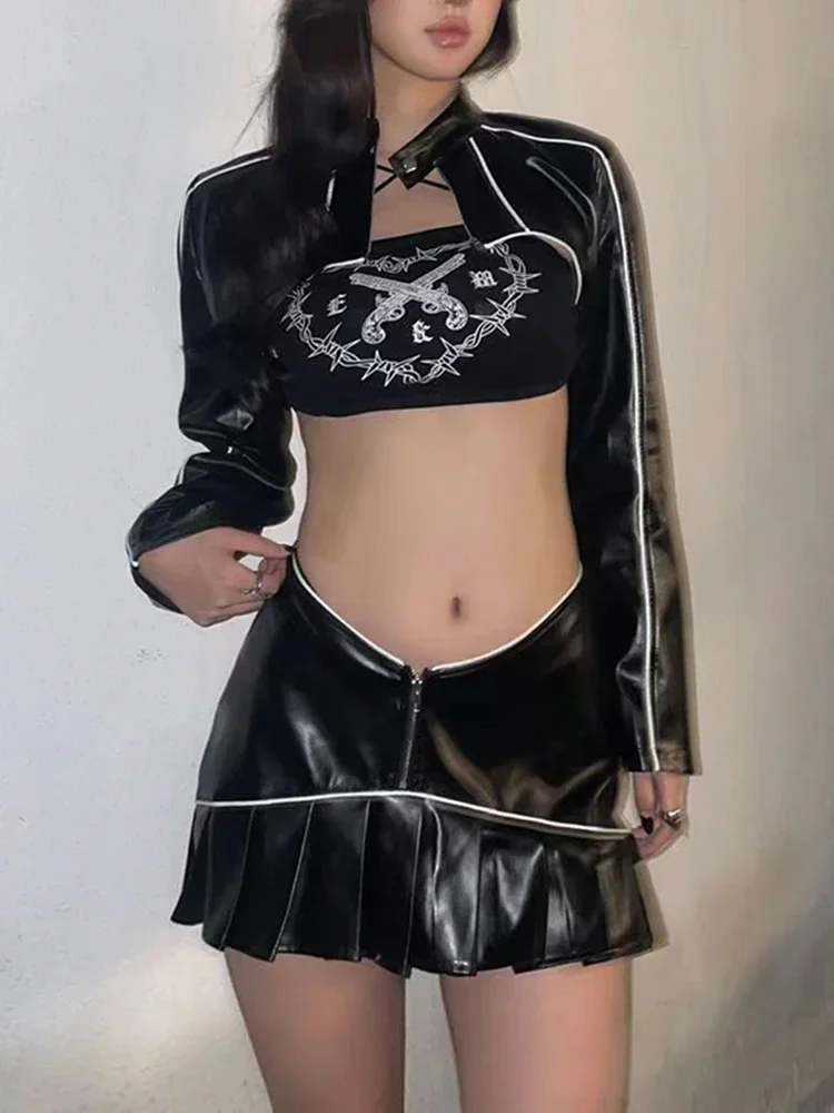 

Женский кожаный кардиган в стиле панк, укороченные куртки из искусственной кожи с длинными рукавами, на молнии, с вышивкой в виде сердца, куртка в готическом стиле, y2k, 2019