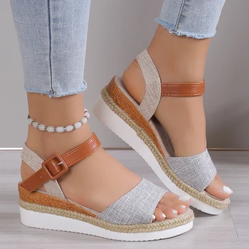 Women's Sandals Peep Toe Wedges Heels Sandals 2025 Summer Shoes Woman Low Platform Sandalias Mujer Non-slip Hemp Heeled Shoes