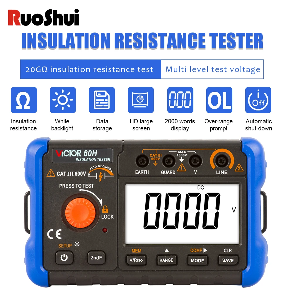 

Insulation Resistance Tester 1000V 20GΩ 500MΩ Megohmmeter Voltmeter LCD Ohm Backlight Overload Digital Earth Ground Resist Meter