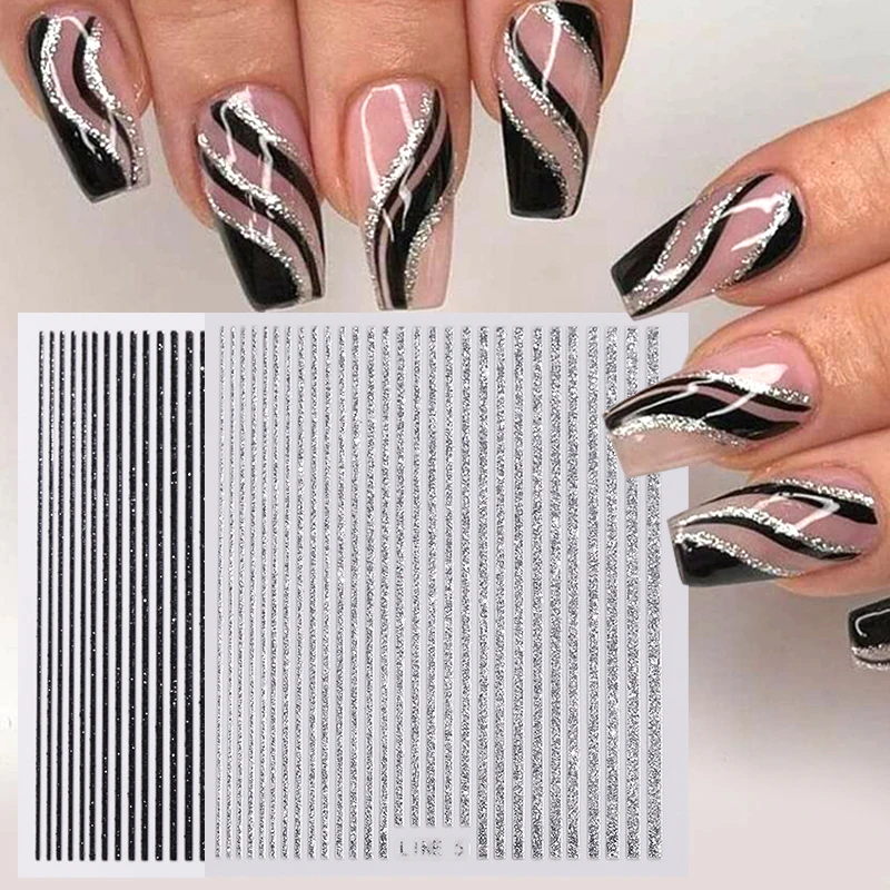 3D 반짝이는 네일 스티커 라인 프렌치 네일 슬라이더, 글리터 골드 실버 금속 스트라이프 레터 데칼 젤 폴리시 매니큐어