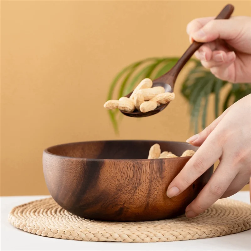 Wooden Salad Bowl Round Dessert Displays Serving Trays Fruit Food Salads Snack Soup Bowl For Home Coffee Shop-AC82
