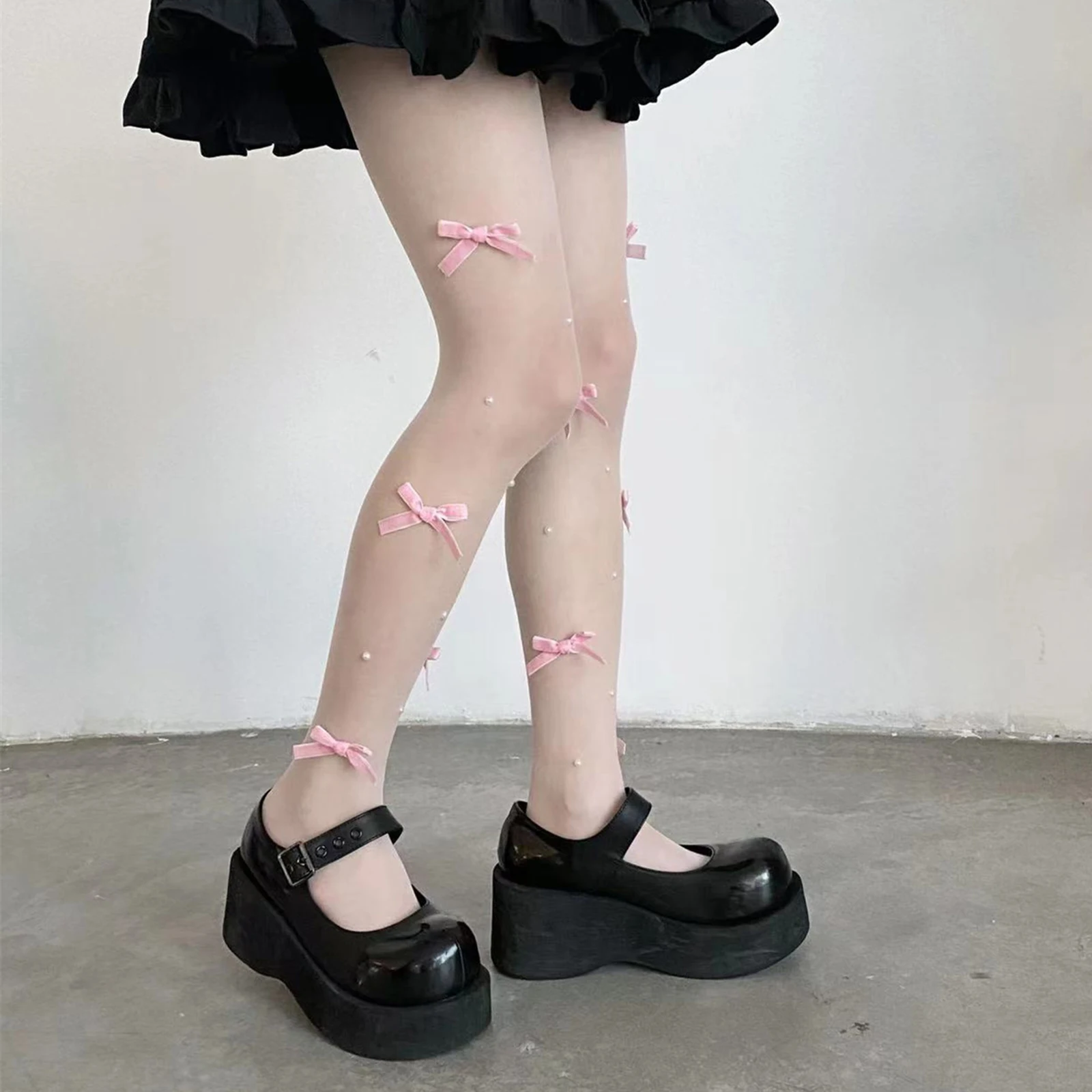 

Женские колготки Gaono с жемчугом и бантом, эластичные сетчатые прозрачные тонкие чулки с высокой талией, эластичные леггинсы