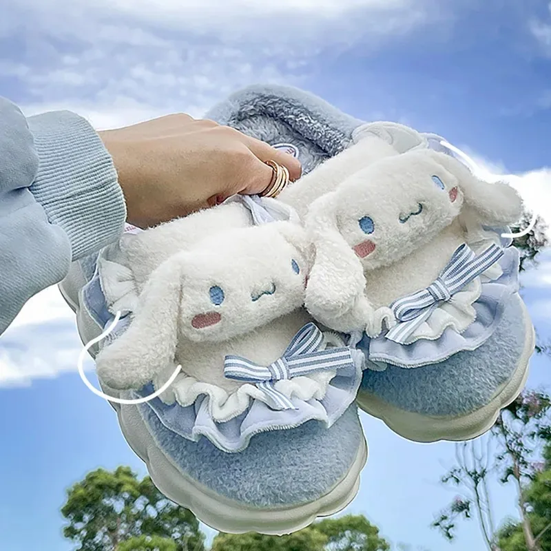 Kawaii Sanrio Hello Kitty Fuzzy Slipper Cinnamoroll Kuromi My Melody Women Winter Plush Non Slip Slippers Cute Home Flat Shoes