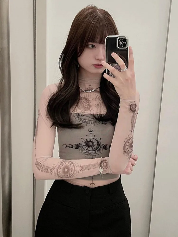 Long Sleeve Mesh Women T Shirt Streetwear Printing Y2k Accessories See Through Vintage Clothes Sexy Fashion Hot Ropa Mujer