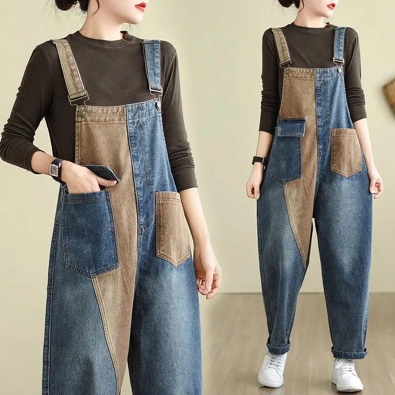 

Literary Oversized Jeans Jumpsuit Women 2024 Spring Autumn Loose Contrasting Denim Straps Pants Overall Playsuit Trousers Z4469