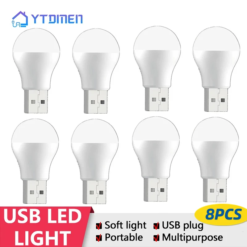 Rodada LED Night Light para Leitura, Computador e Lâmpada de Energia Móvel, Pequenas Lâmpadas Livro, Proteção ocular, Plug USB, 8PCs, Carregamento de Energia