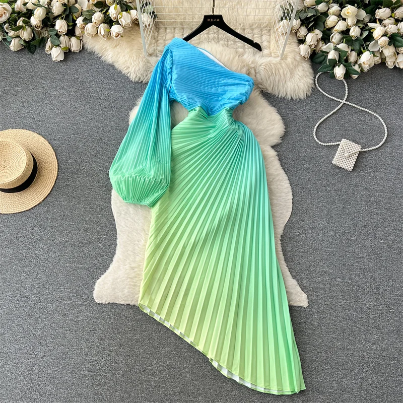 

Vintage Mature Style Gradient Color Party Dress Romantic Off Shoulder Long Sleeve Dress Hollow Waist Irregular Pleated Dress