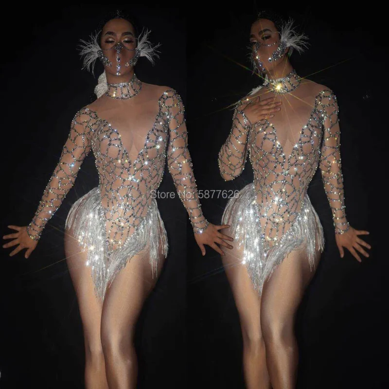 

Silver Rhinestones Nude bodysuit Sparkly shinning jumsuit sexy women party girl stage dance costume