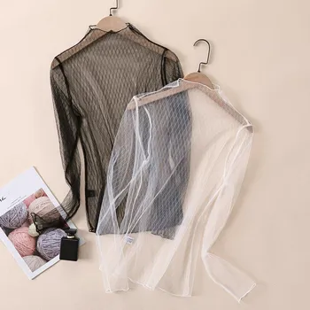 Women Sexy Mesh See Through T Shirt Long Sleeve Hollow Out Blouse Summer Transparent Sheer Tank Crop Top Vest Cover Up