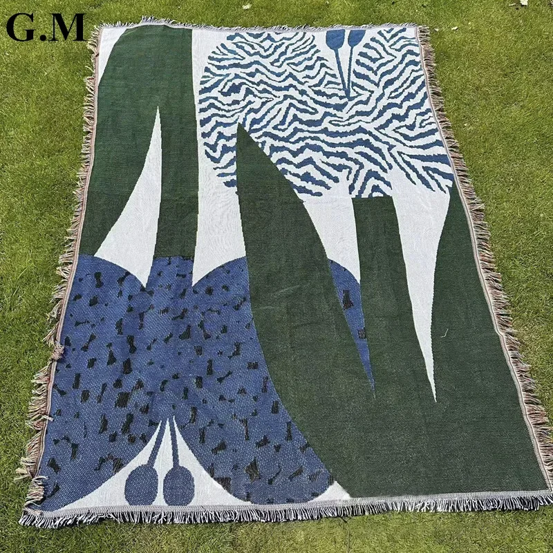 

Ins Yarn Dyed Woven Outdoor Beach Picnic Blanket,Nordic Abstract Art Tapestry Jacquard Throw Blanket for Sofa Bed Sofa Towel