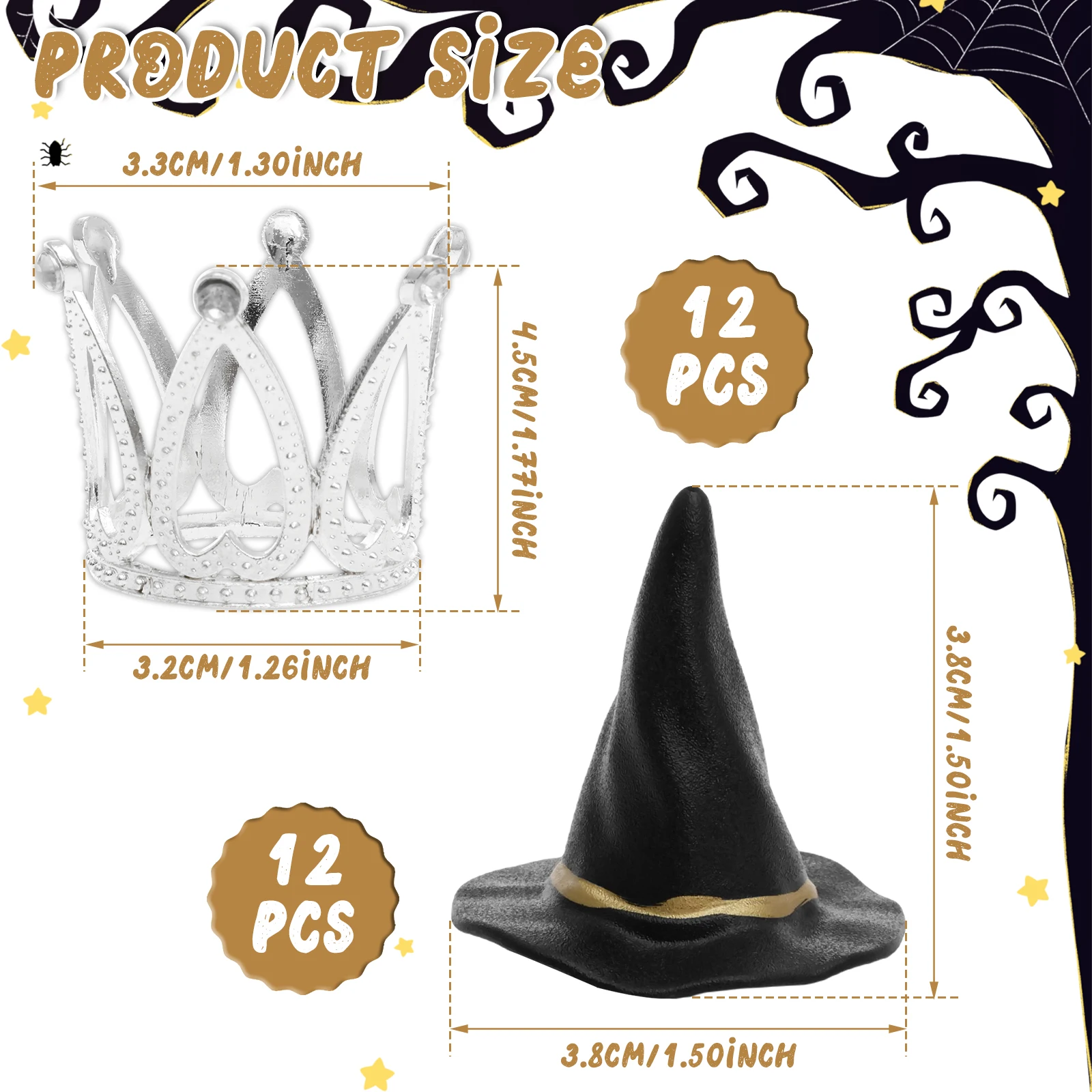 24Pcs Witch Hat and Crown Cake Topper Decor Birthday Cupcake Favors Silver Crown Decor Princess Cake Halloween Party Accessory