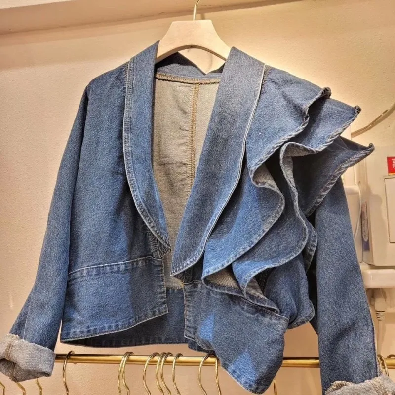 

Fall 2022 Women Clothing Cropped Denim Jacket Vintage Turn-down Collar Puff Sleeve Ruffles Crop Tops Korean Jean Coat