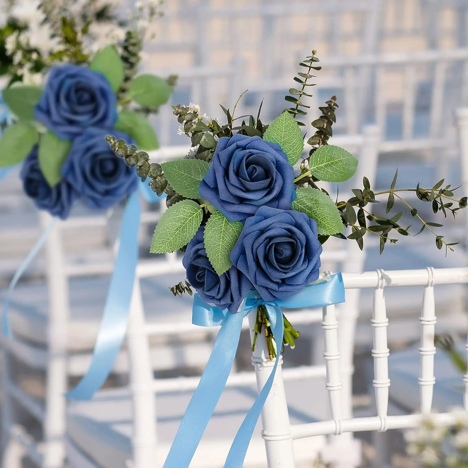 Fiori artificiali 25 rose finte in schiuma blu polvere con steli per
