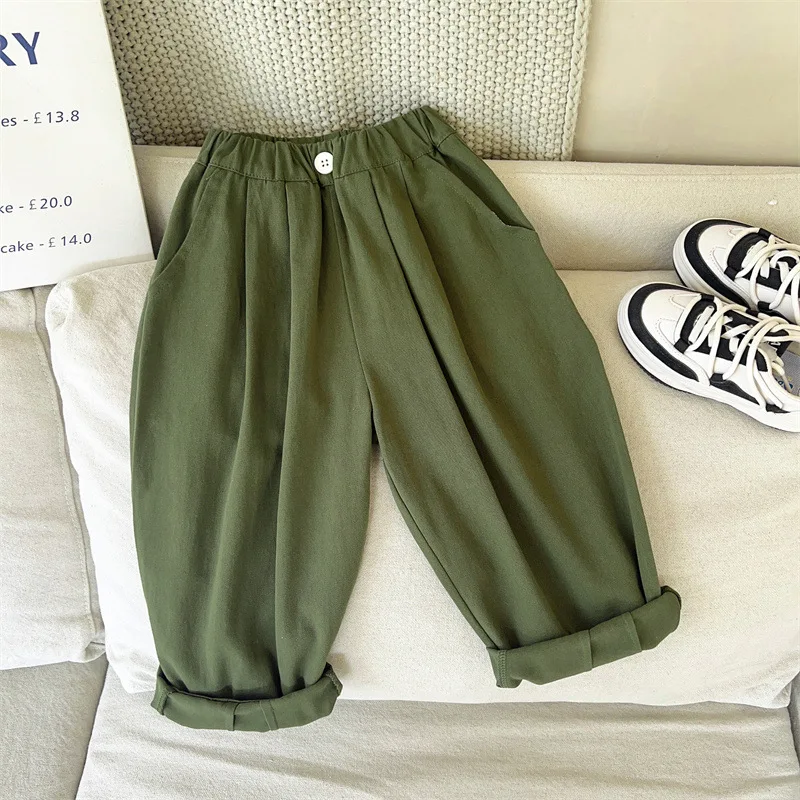 

Capris Pants Elastic Waist 2023 Spring and Autumn Korean Style Boys and Girls Casual Pants Solid Color Elastic Cotton Pants