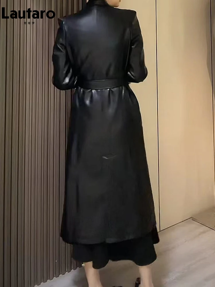 Lautaro-여성용 롱 PU 가죽 트렌치코트, 럭셔리, 엘레강트, 스타일리시, 시크, 다크 브라운, 블랙, 소프트, 런웨이, 패션, 봄