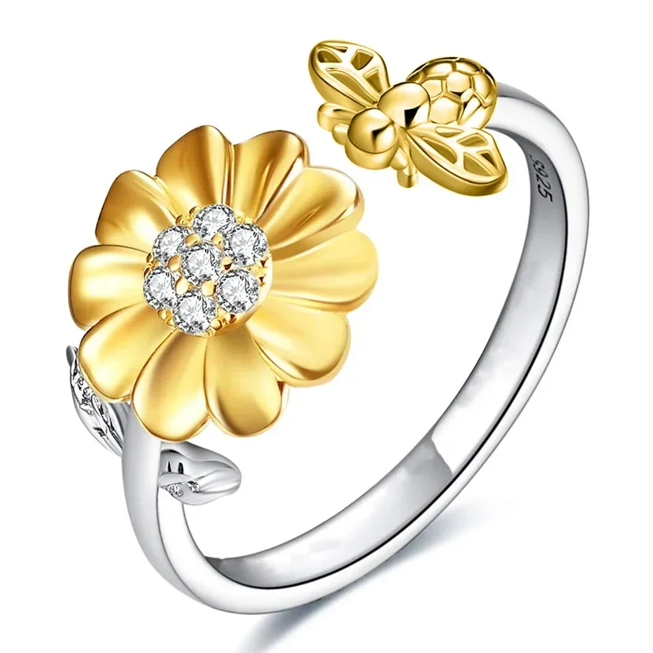 

Sunflower Rings for Women CZ Opening Ring Size Adjustable Bee Fashion Jewelry Girls Birthday Gifts