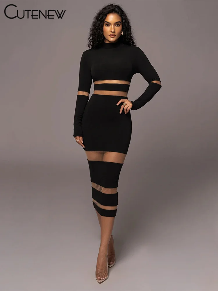 NIBBER Women's Elegant Turtleneck Stripe Knitted Maxi Dress Full Sleeves Body-shaping Robe Evening Sexy Attirewear Vestidos