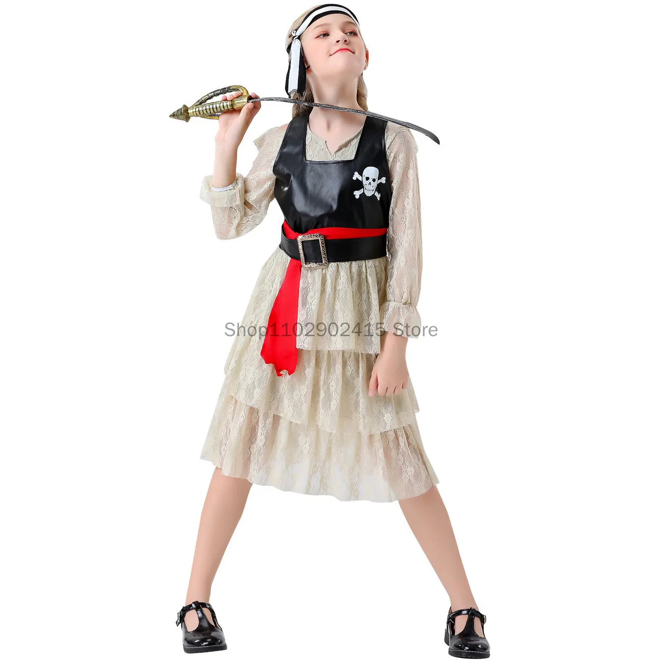 Medieval Kids Girls Cosplay Children Lace Pirate Skirts Costumes Halloween Carnival Dress Up Outfits Party Birthday Fancy Dress