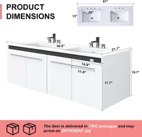 60" Double Sink Floating Vanity with Human Sensor LED, High Gloss Wall, Modern Bath Sink Vanity Cabinet with Metal Handles 2