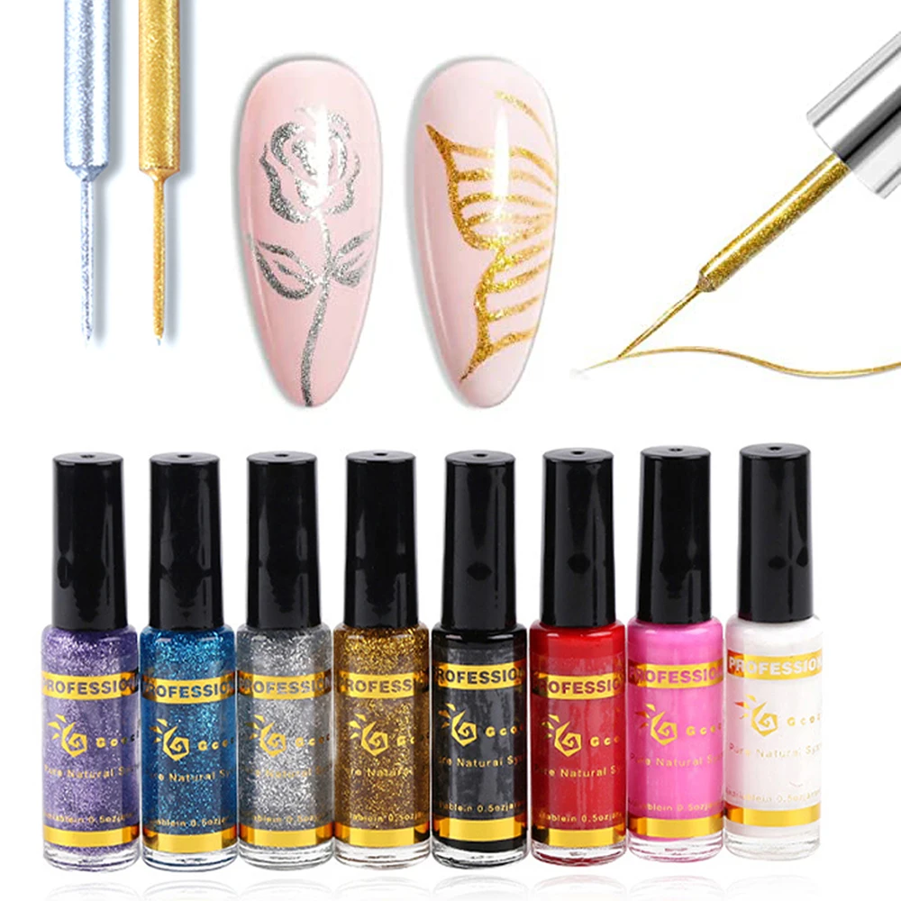 2022 Japan Art Liner Nail Polish 1stroke Line Painting Pen 8ml/pc Silver Gold Glitter Manicure