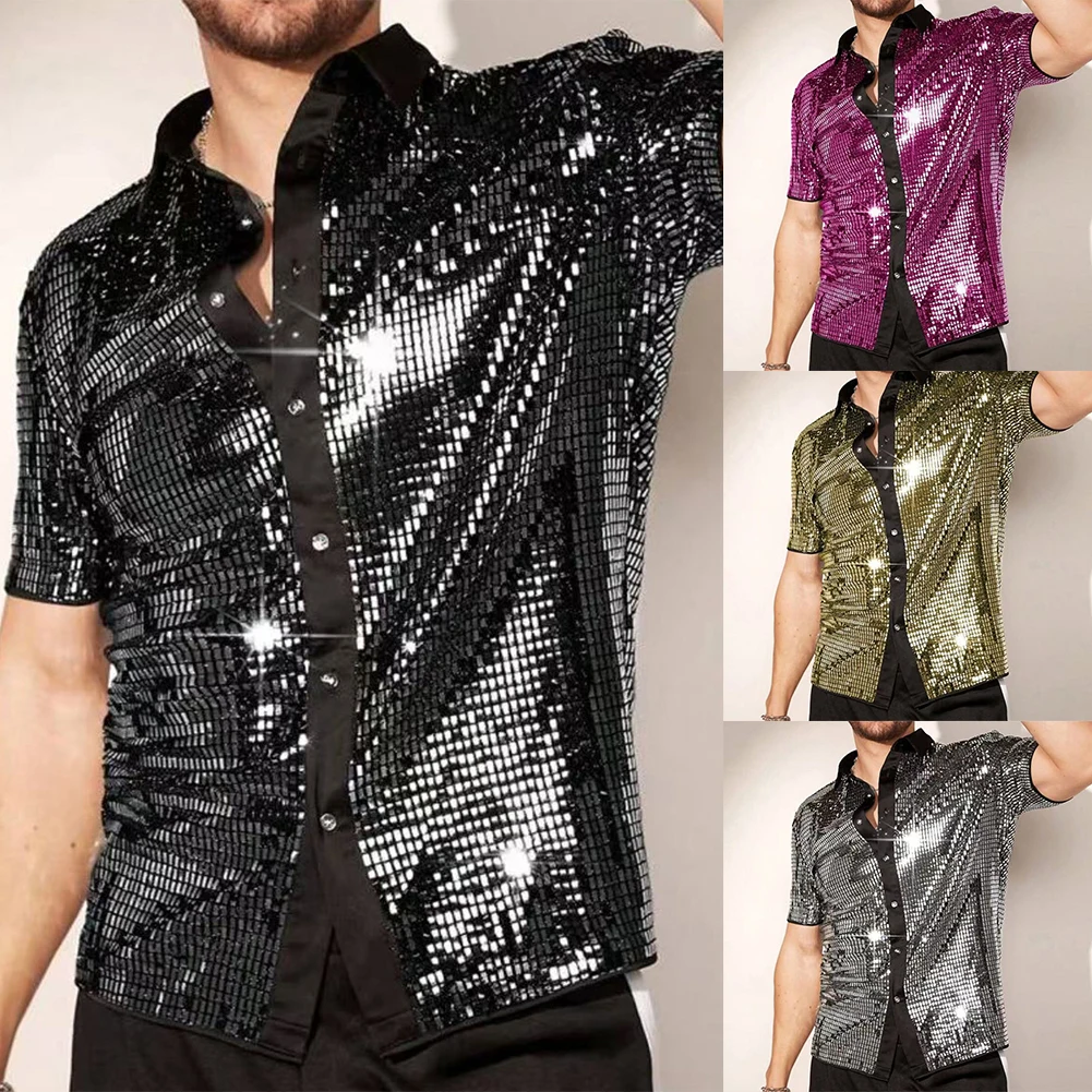 Herren Vintage 70er Disco Club Hemd Glänzende Pailletten Kurzarm Button-Down-Hemd – Detail 2