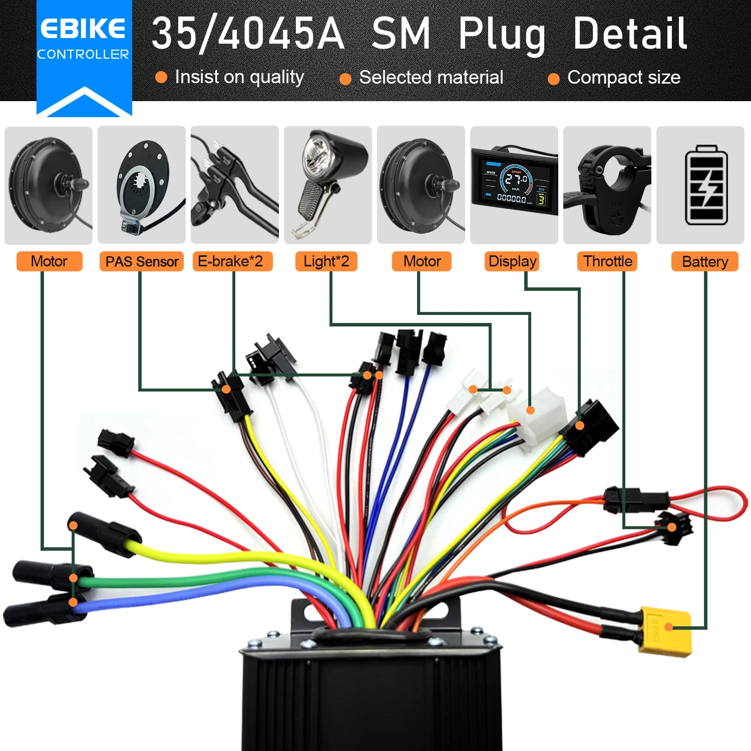 전기 자전거 사인파 3모드 컨트롤러 35A/40A/45A/60A/80A 브러시리스 36V48V52V72V 1500W-5000W 모터 컨트롤러 전기자전거 부품