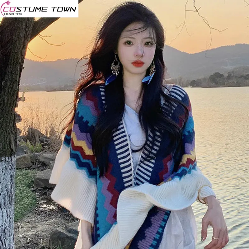 

2023 Spring and Autumn New Travel Warm Wear with Ethnic Style Colorful Shawl Women's Fashion Knitwear Trend