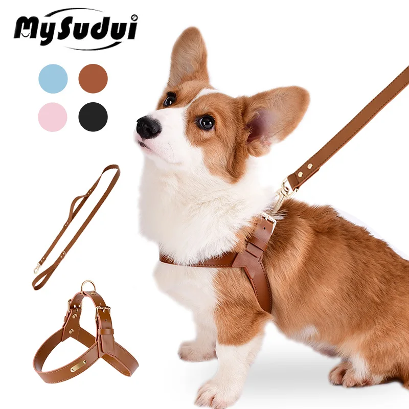 Leather PV Harness Adjustable Pet Dog Leather Harness Leash Set