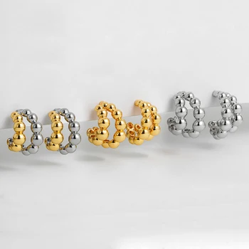 Vintage Double Layers C Shape Circle Beaded Hoop Earrings for Women Smooth Gold Plated Small Bead Hoops Stainless Steel Jewelry